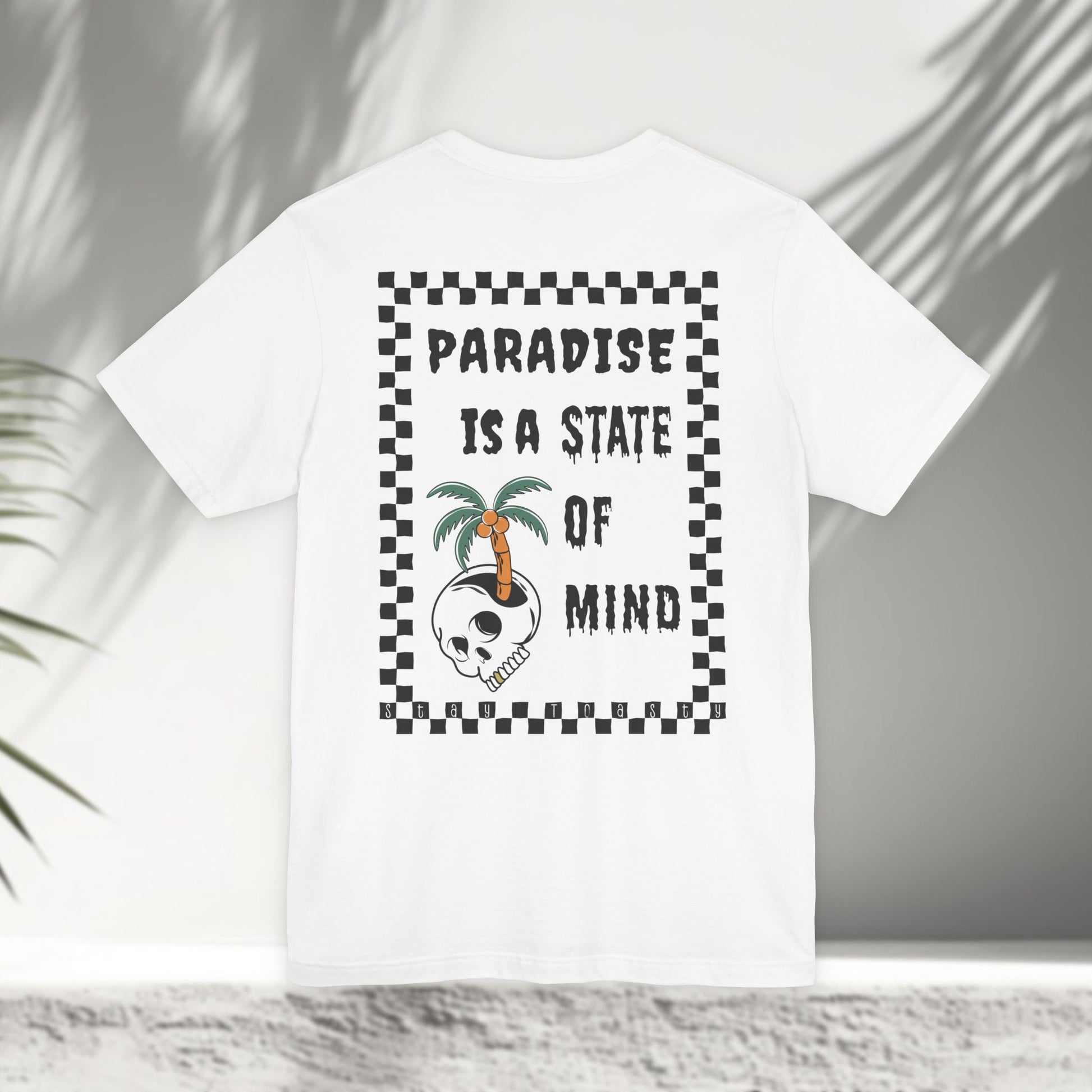 Paradise State of Mind white graphic tee flat lay showing full back print with checkered frame, skull and palm tree design