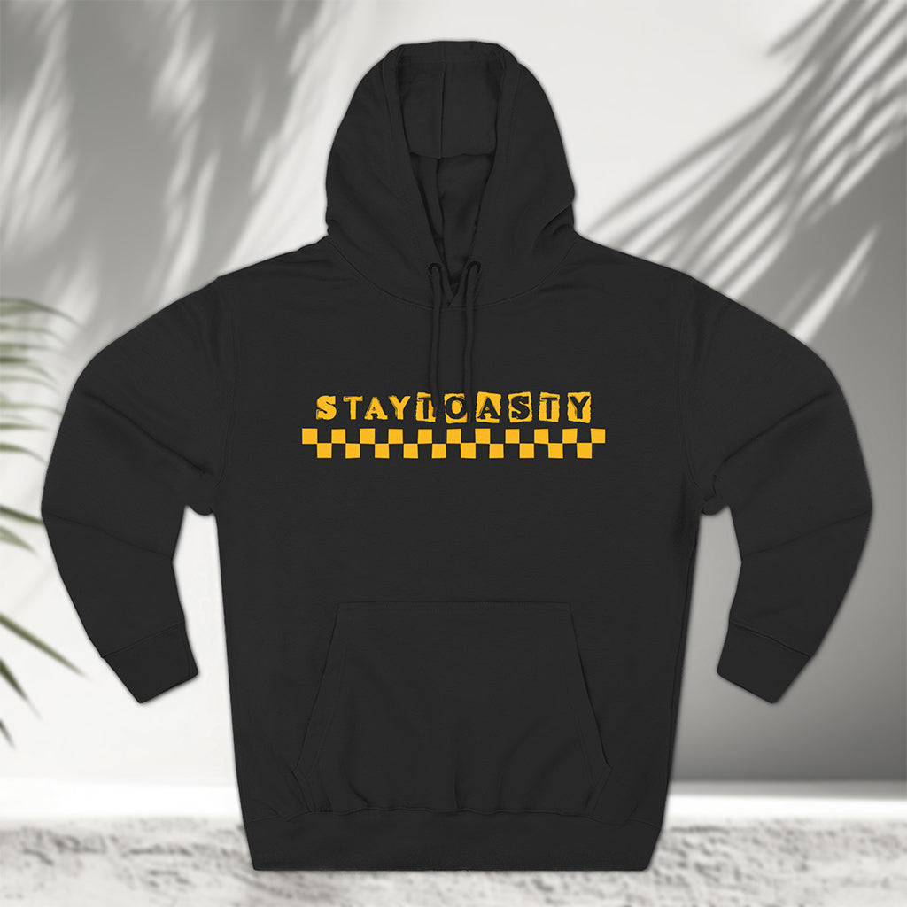 Black hoodie with yellow text 'STAY TOASTY' and checkers