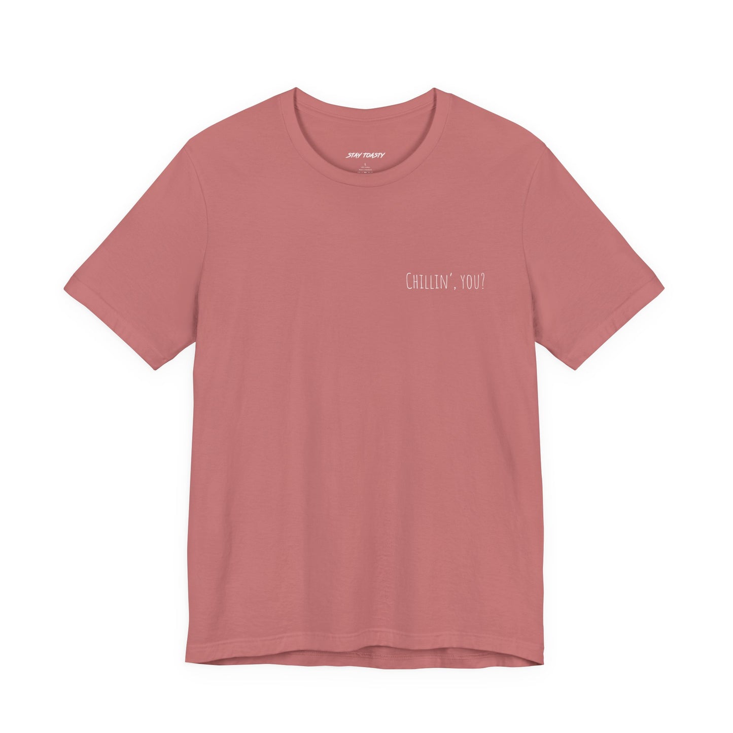 Pink/coral graphic t-shirt front side with 'Chillin, you?' print on front chest.
