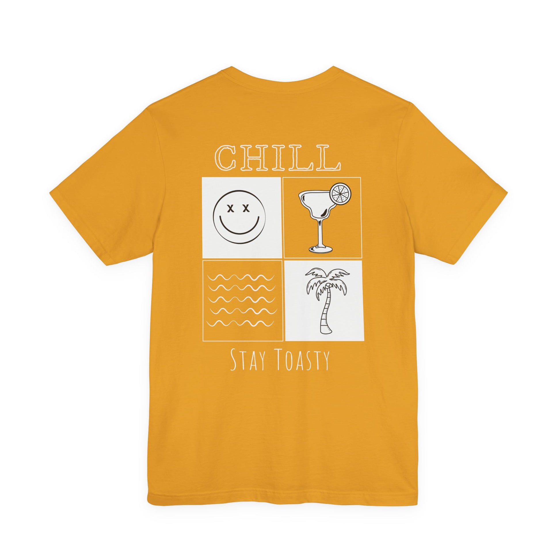 A mustard graphic t-shirt with large white graphic print on the back featuring the text 'CHILL' with four square icons showing a smiley face, a cocktail, waves, and a palm tree. and 'STAY TOASTY' at the bottom.