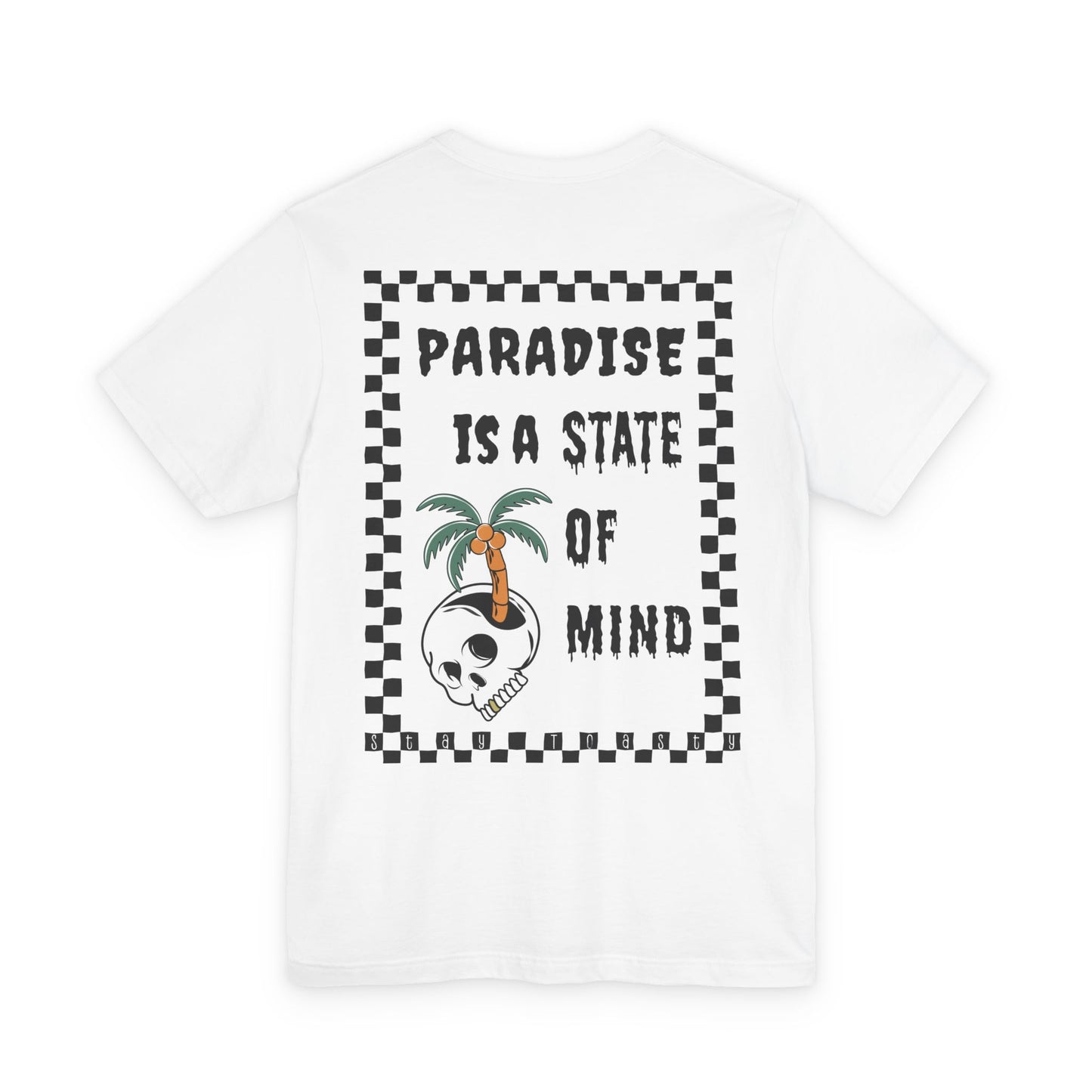 Paradise State of Mind white graphic tee flat lay showing full back print with checkered frame, skull and palm tree design
