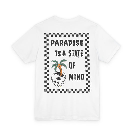 Paradise State of Mind white graphic tee flat lay showing full back print with checkered frame, skull and palm tree design
