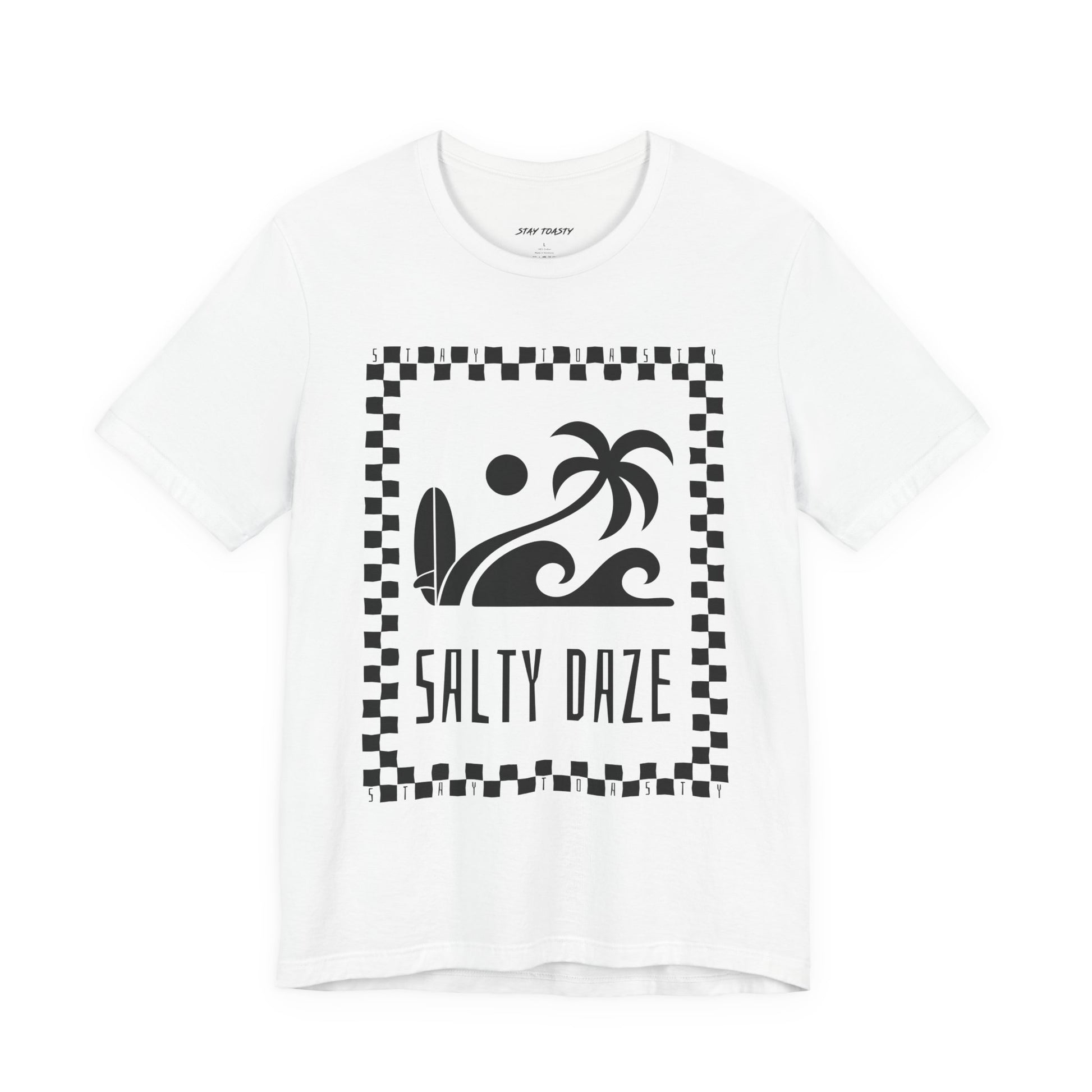 Front view of white T-shirt with ‘Salty Daze’ text and checker-outlined beach graphic design.
