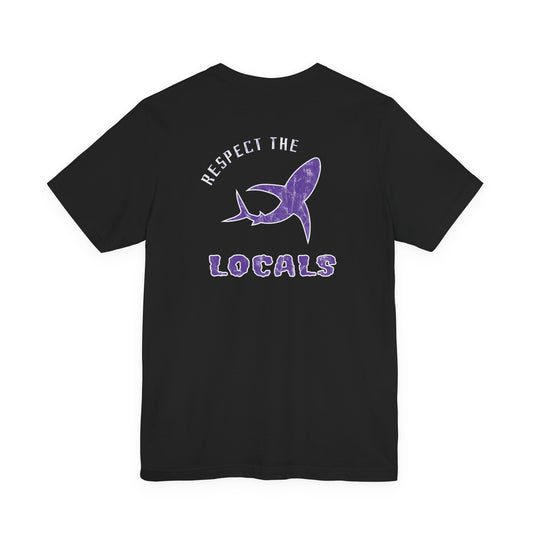 Black graphic tee with text "Respect the Locals" text around a shark graphic. Purple design with marble finish.