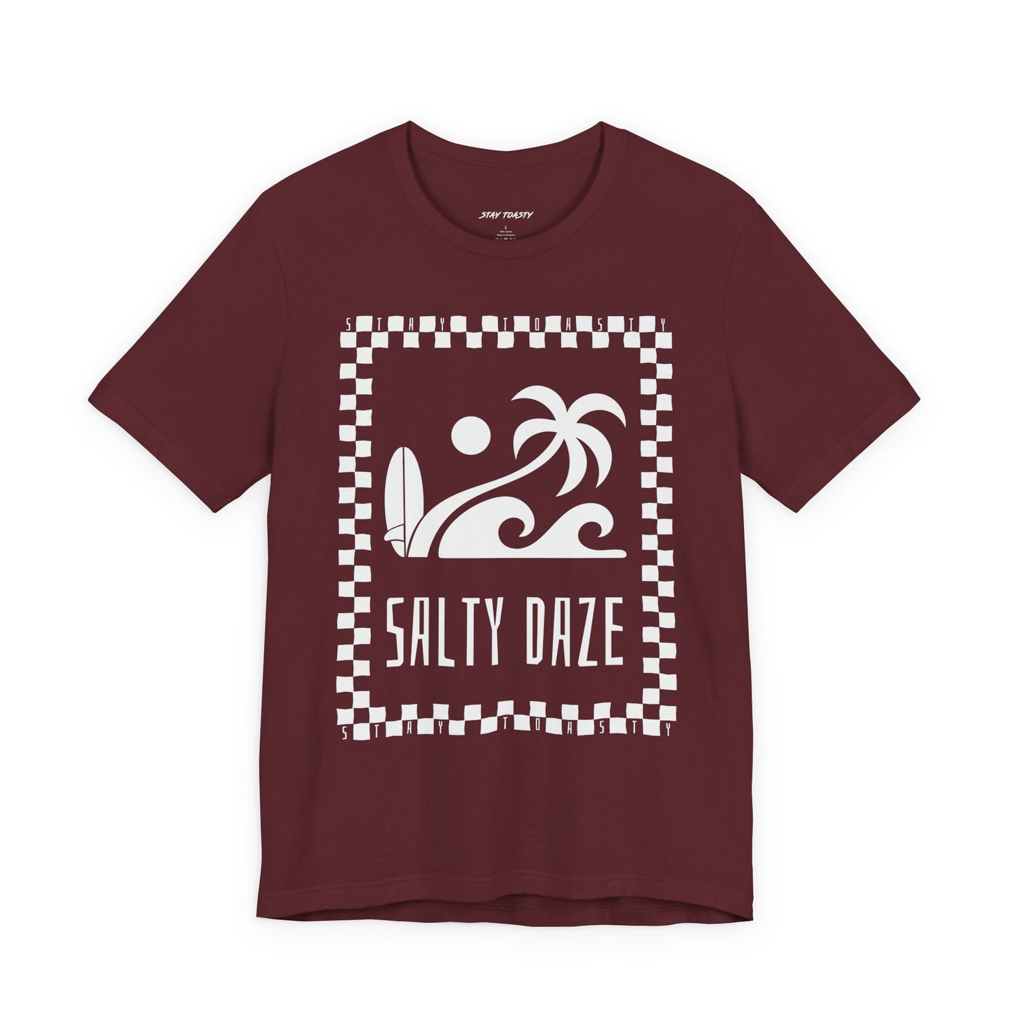 Maroon graphic tee with beach graphics. Outlined in a checkers. Large front graphic. Front view.