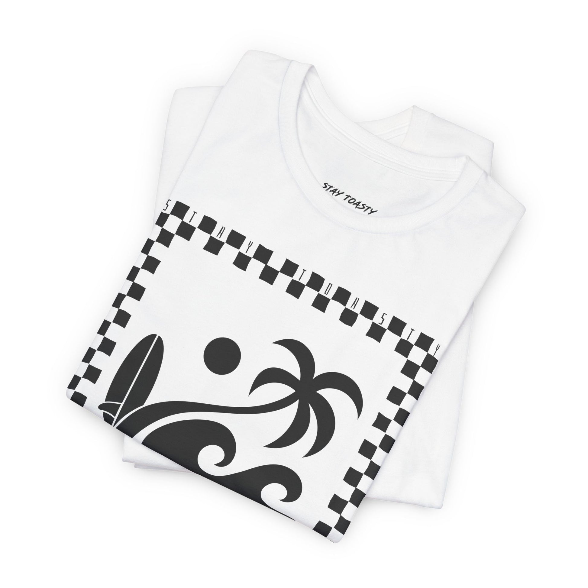 White graphic tee with beach graphics. Outlined in a checkers. Large front graphic. Folded view.