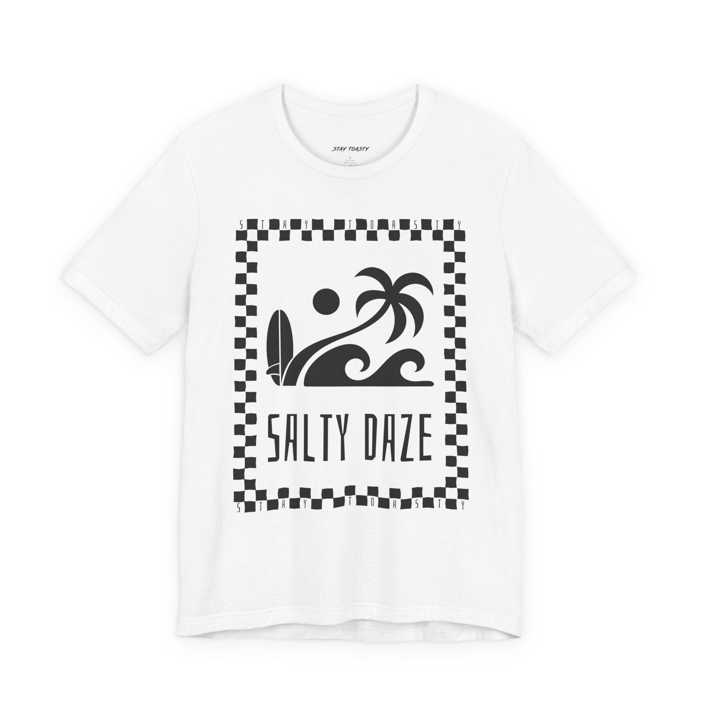 White graphic tee with beach graphics. Outlined in a checkers. Large front graphic. Front view.