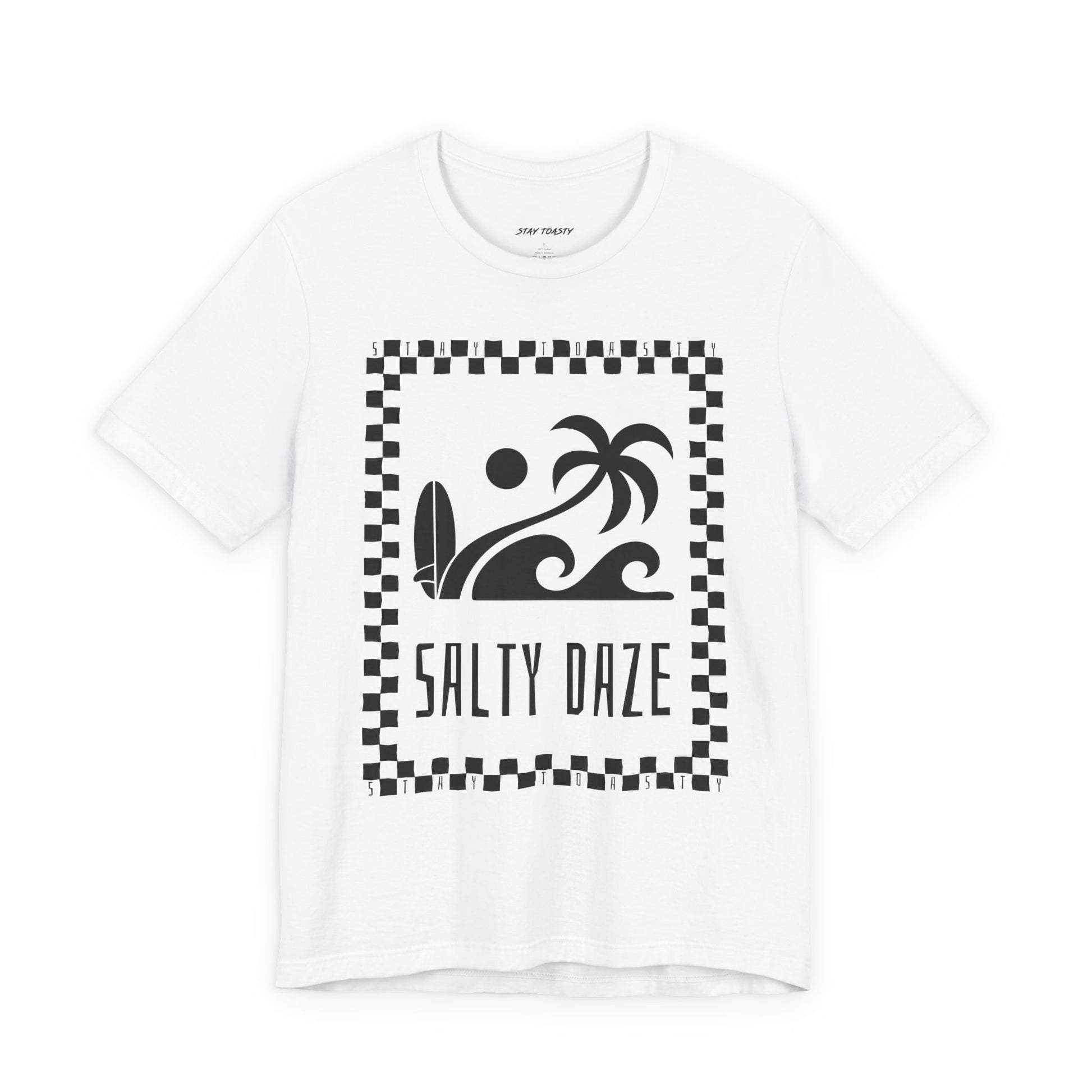 White graphic tee with beach graphics. Outlined in a checkers. Large front graphic. Front view.