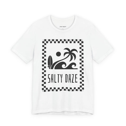 White graphic tee with beach graphics. Outlined in a checkers. Large front graphic. Front view.