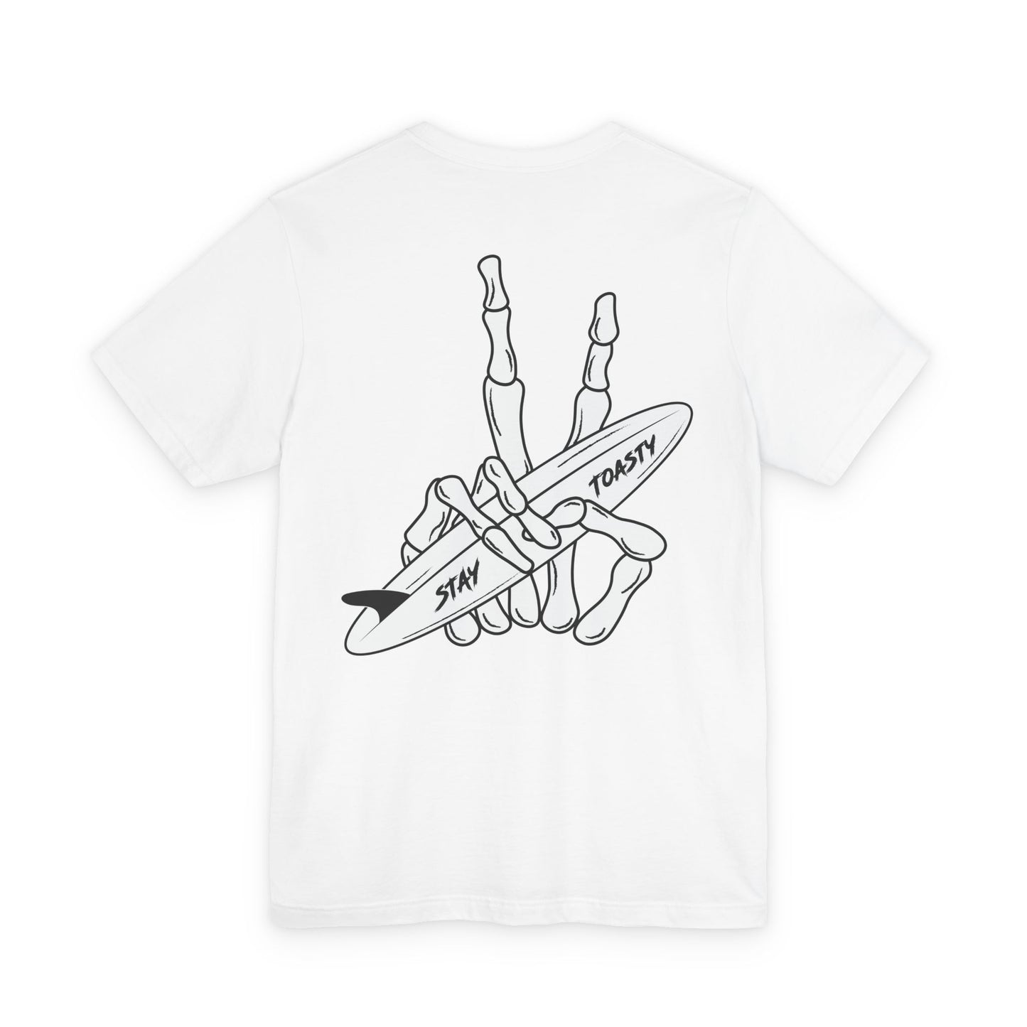 A white sgraphic t-shirt with a back graphic of a skeletal hand peach sign holding a surfboard, featuring the words 'STAY' and 'TOASTY'.