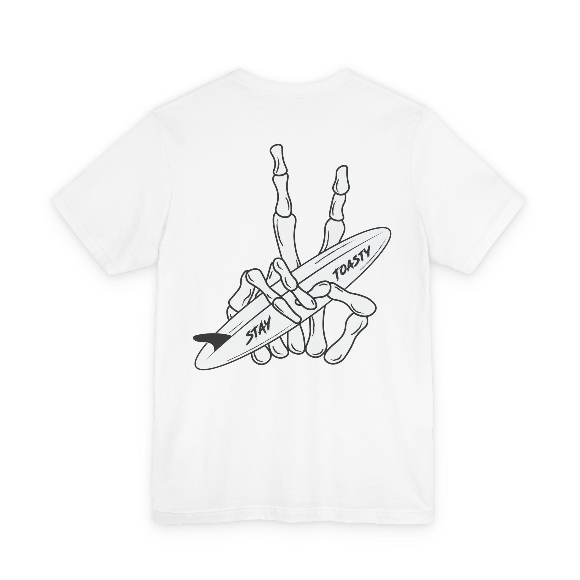 A white sgraphic t-shirt with a back graphic of a skeletal hand peach sign holding a surfboard, featuring the words 'STAY' and 'TOASTY'.