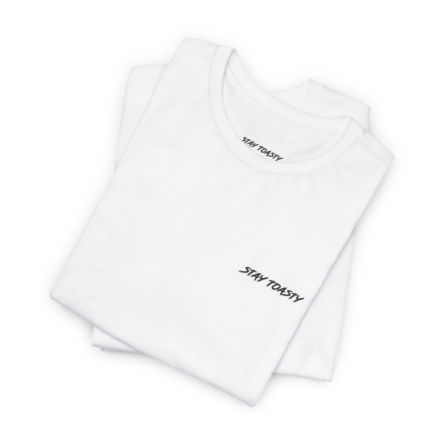 Front of. white graphic tee with Stay Toasty logo on front chest