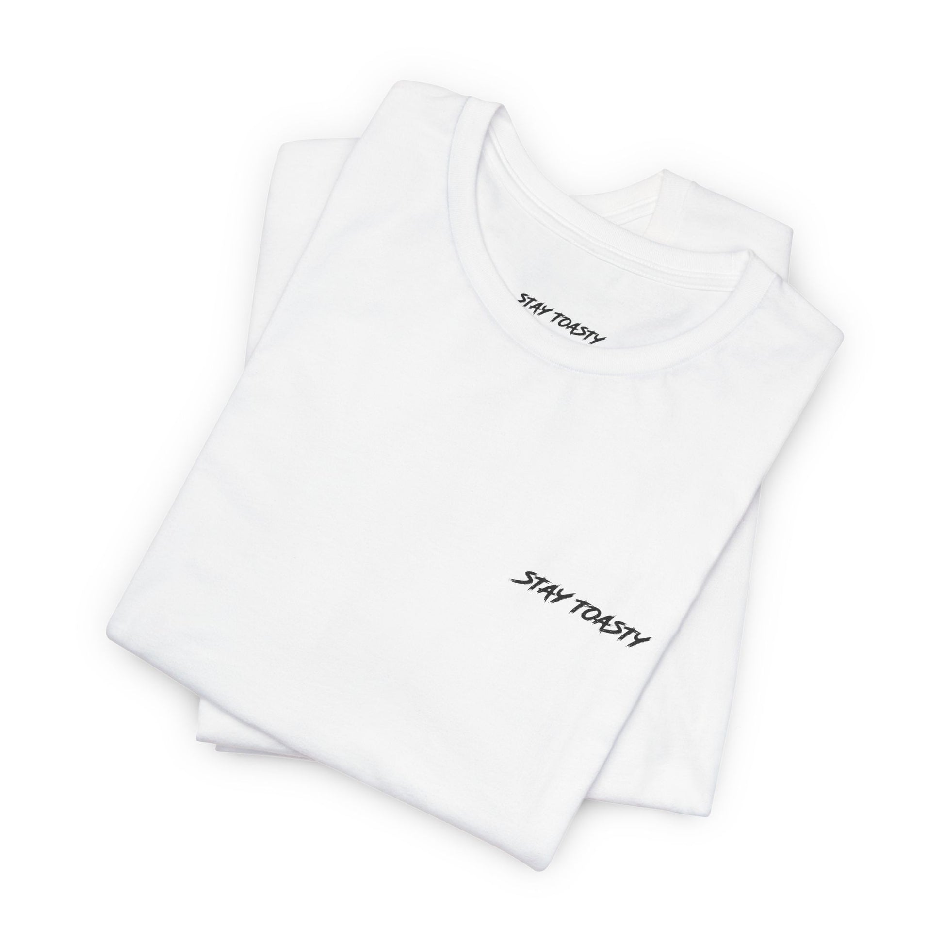 Front of. white graphic tee with Stay Toasty logo on front chest