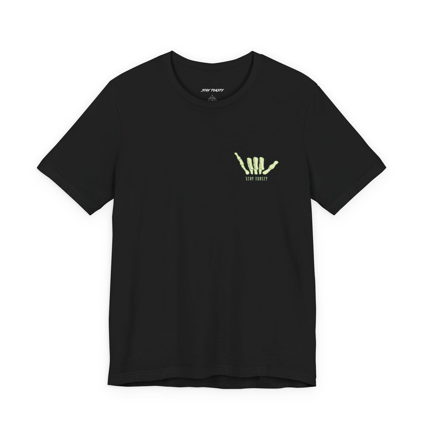 Black t-shirt with front chest graphic of skeleton hand shaka