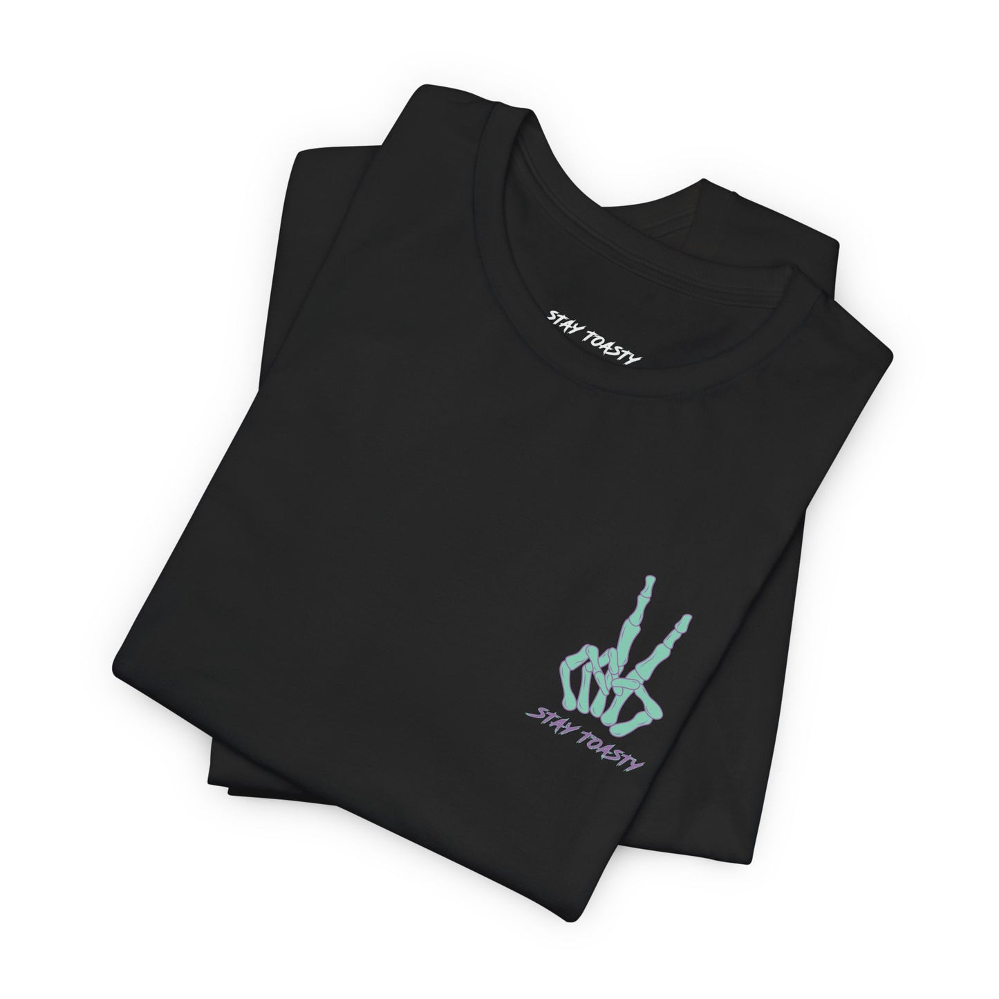 Black graphic tee with skeleton peace sign on front chest. Front folded view.