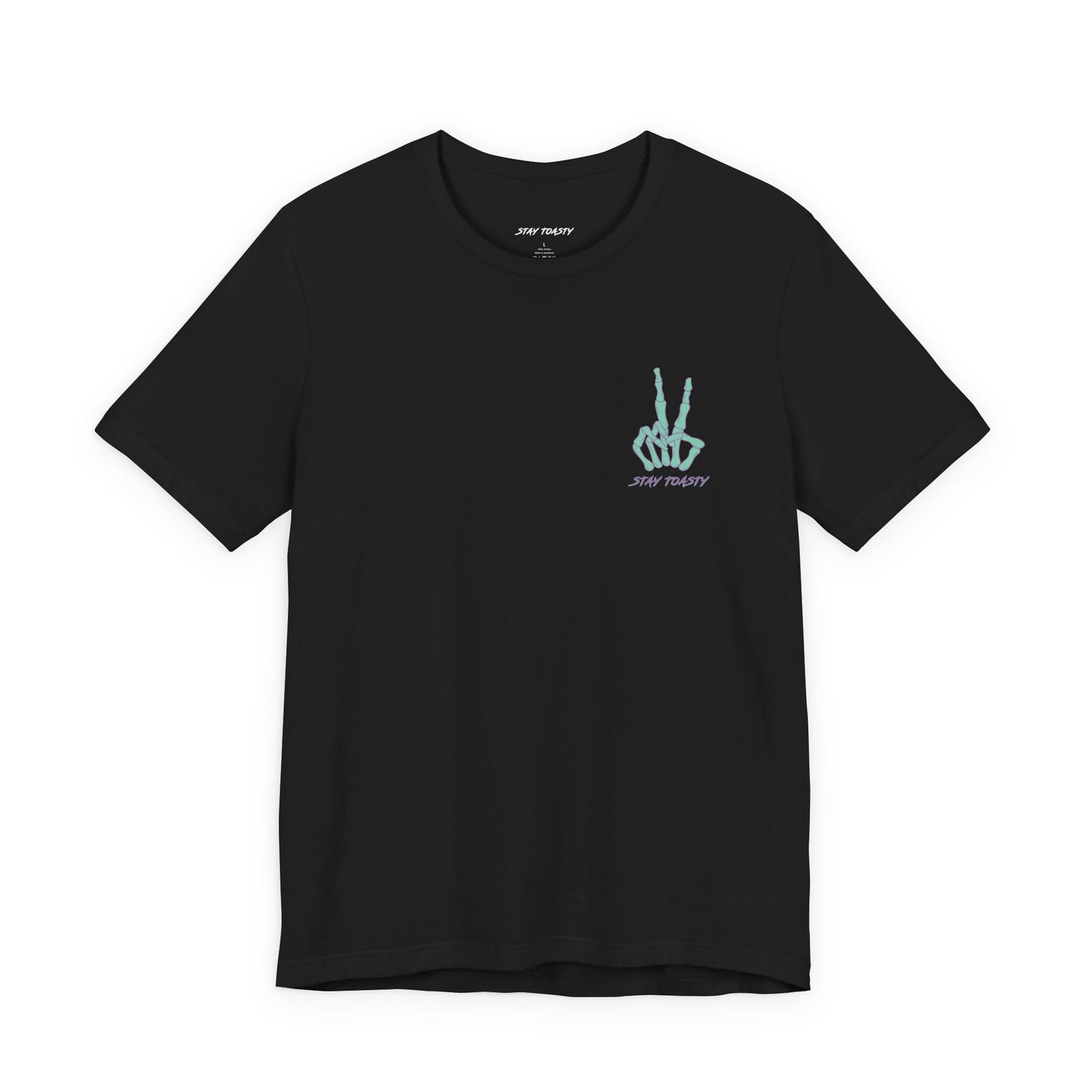 Black graphic tee with skeleton peace sign on front chest. Front view.