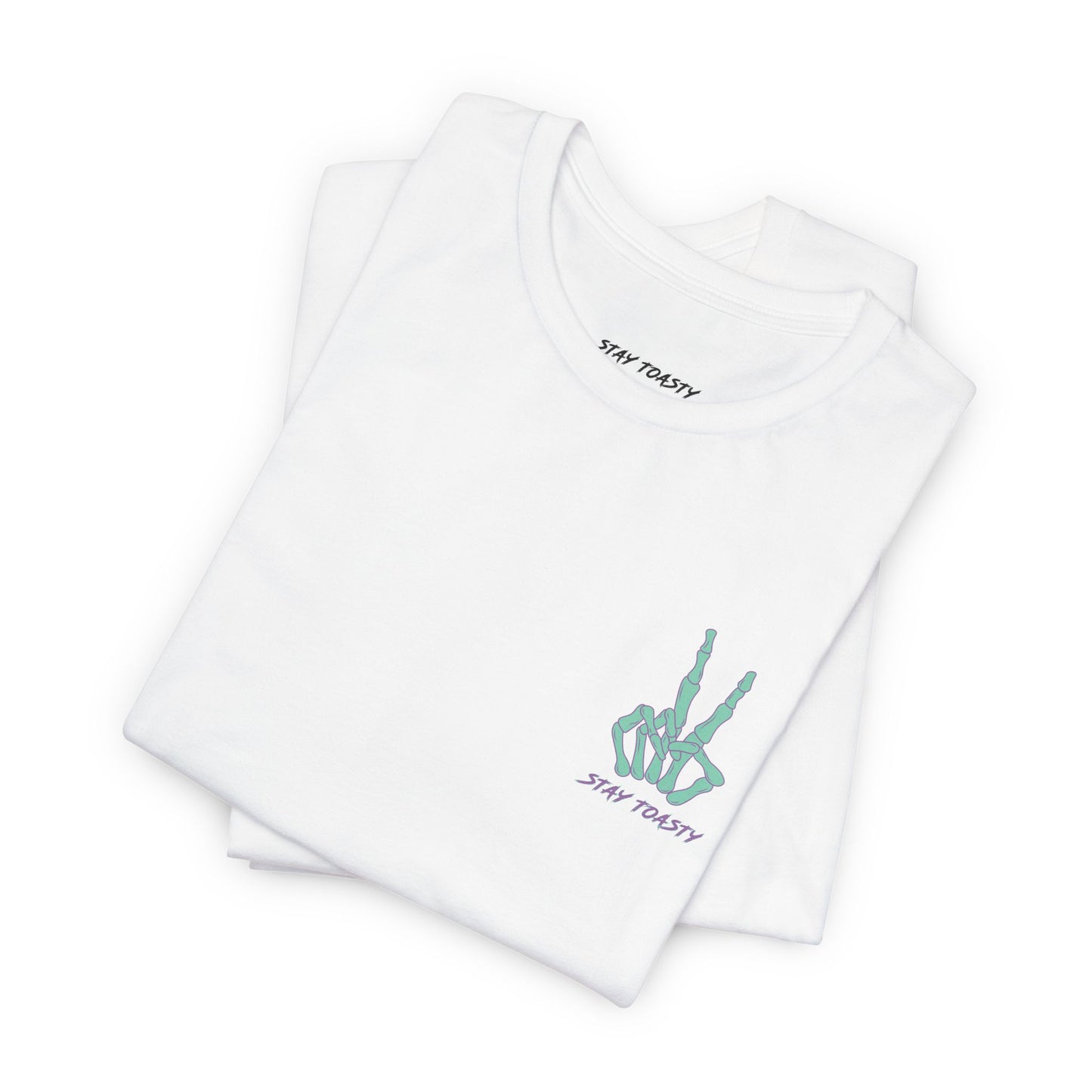 White graphic tee with skeleton peace sign on front chest. Front folded view.
