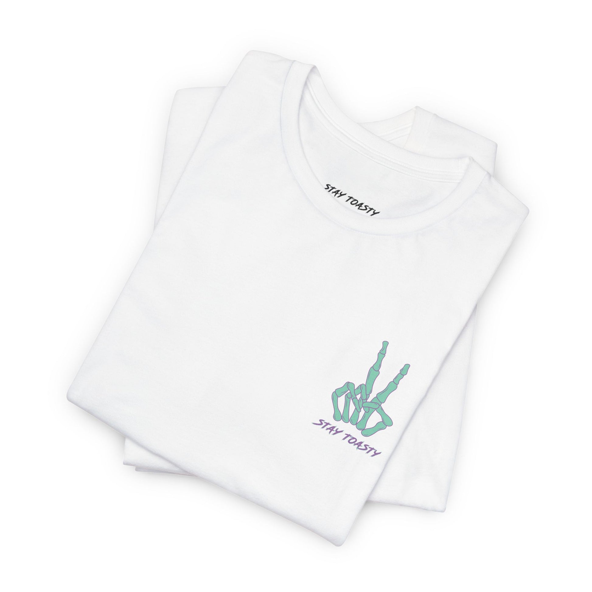 White graphic tee with skeleton peace sign on front chest. Front folded view.