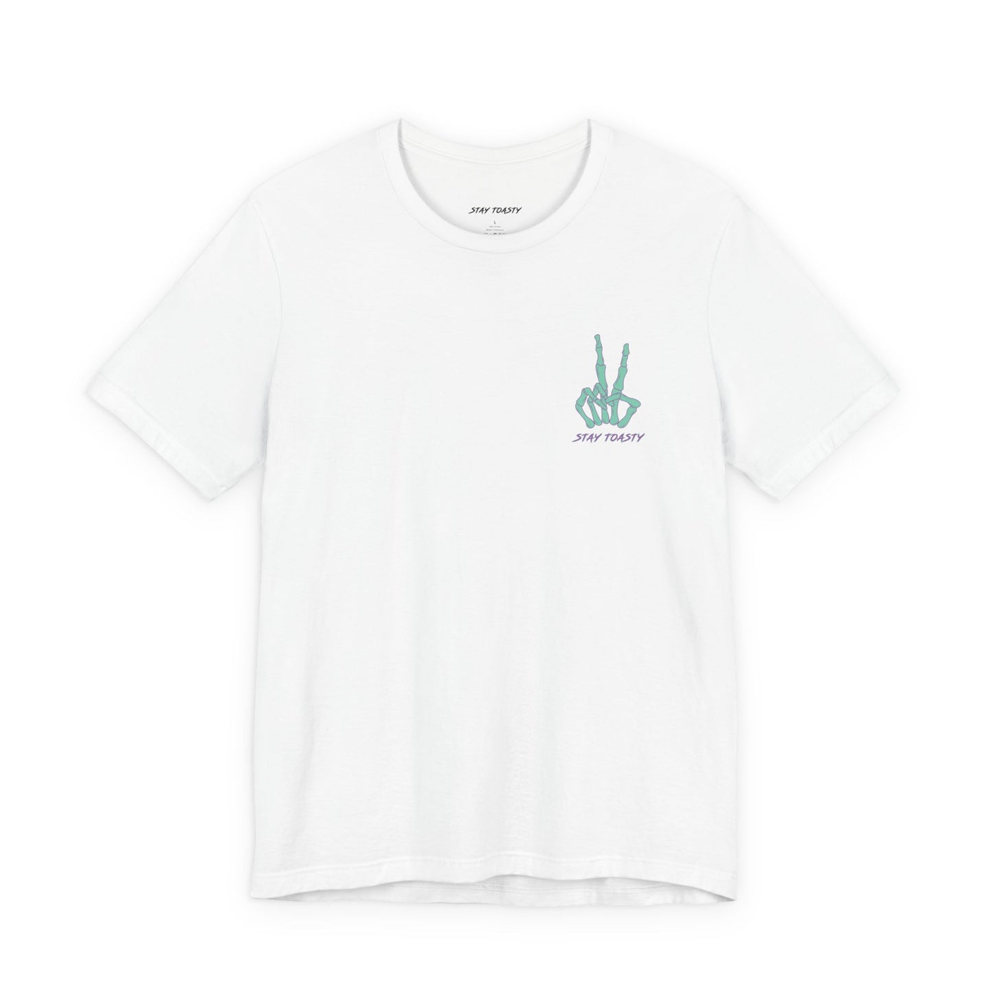 White graphic tee with skeleton peace sign on front chest. Front view.