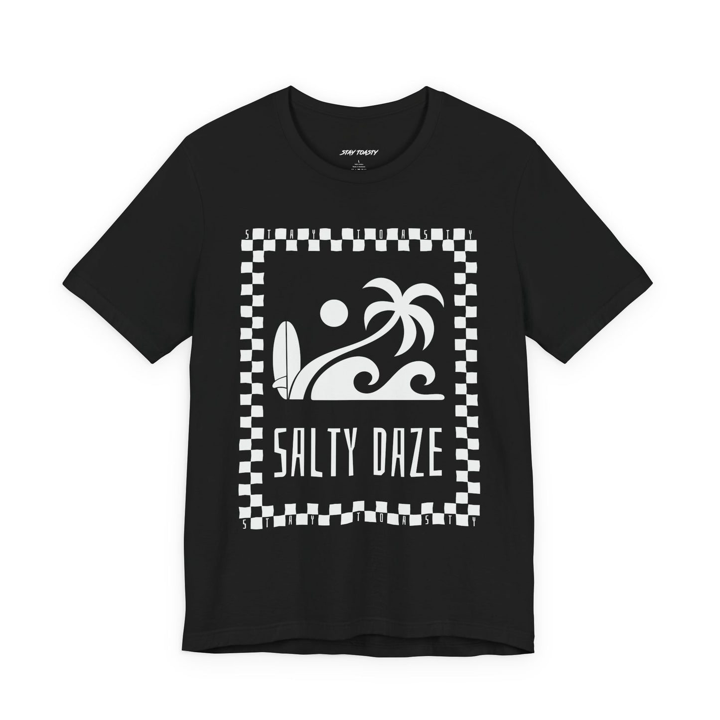 Black graphic tee with surf beach graphics with 'SALTY DAZE' text and 'Stay Toasty' inside of a checkered outline.