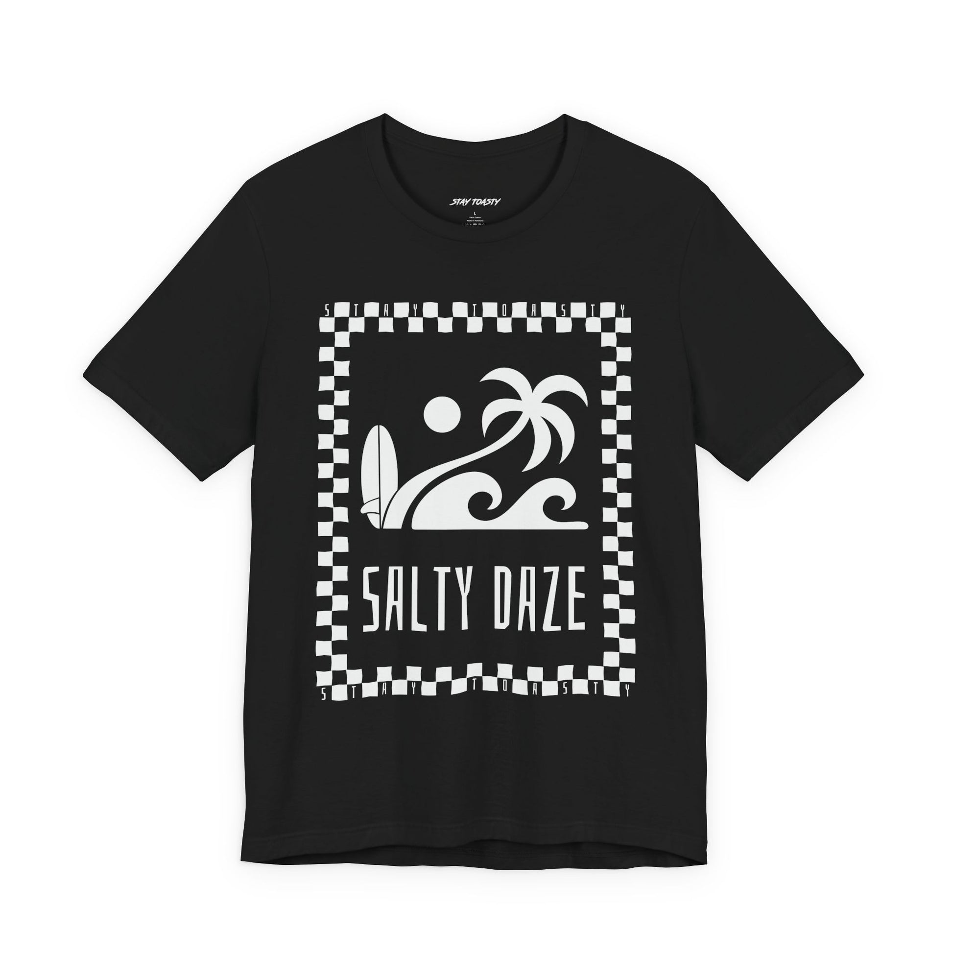 Black graphic tee with surf beach graphics with 'SALTY DAZE' text and 'Stay Toasty' inside of a checkered outline.