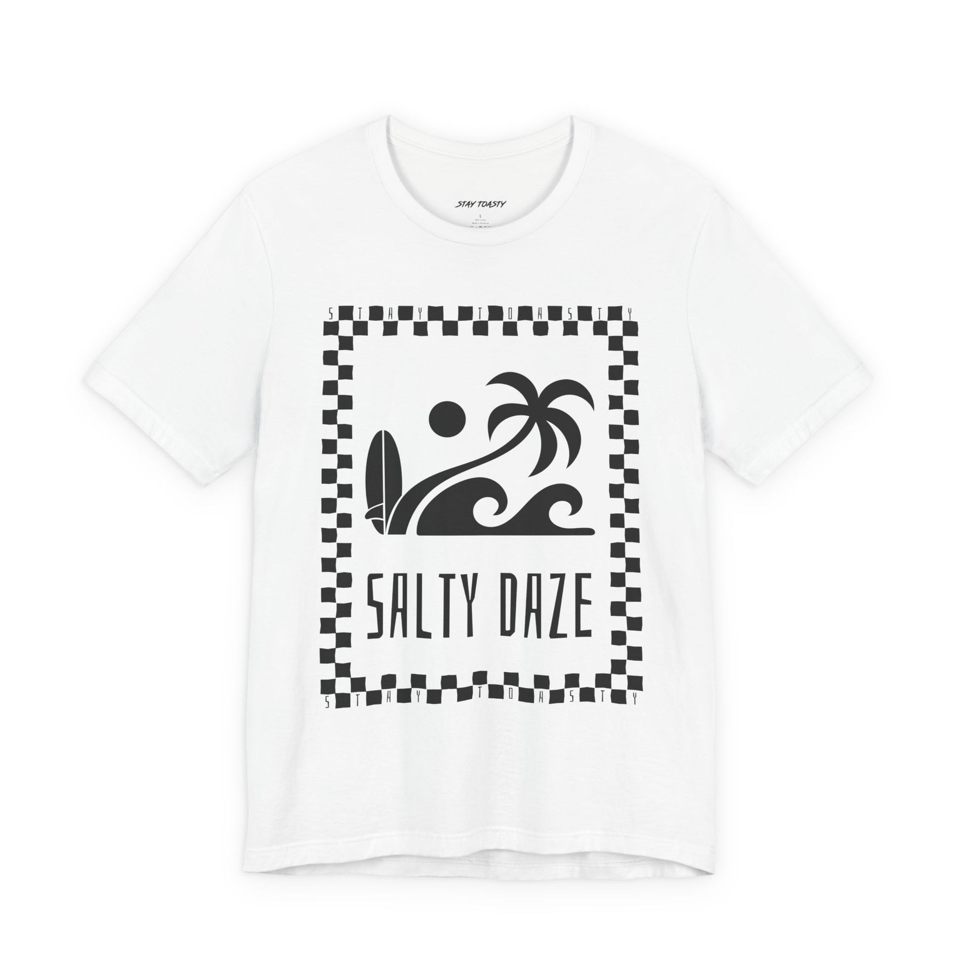 White graphic tee with surf beach graphics with 'SALTY DAZE' text and 'Stay Toasty' inside of a checkered outline.