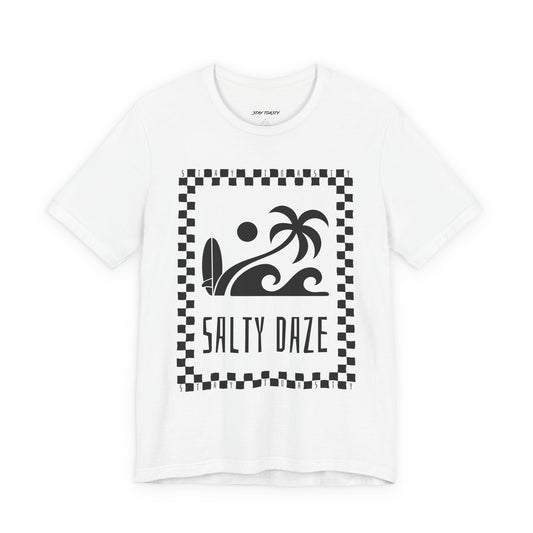 White graphic tee with surf beach graphics with 'SALTY DAZE' text and 'Stay Toasty' inside of a checkered outline.