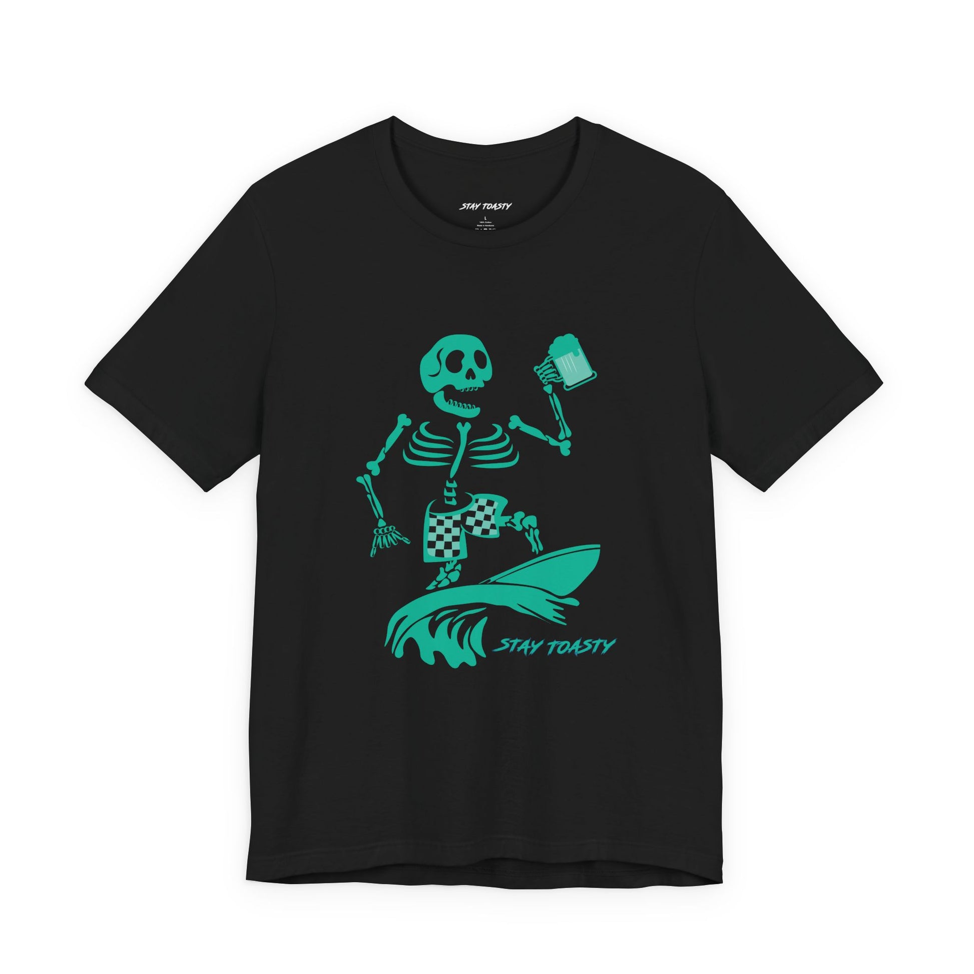 A black graphic tee featuring a green graphic of a skeleton surfing on a wave with a beer and the text 'STAY TOASTY' printed below.