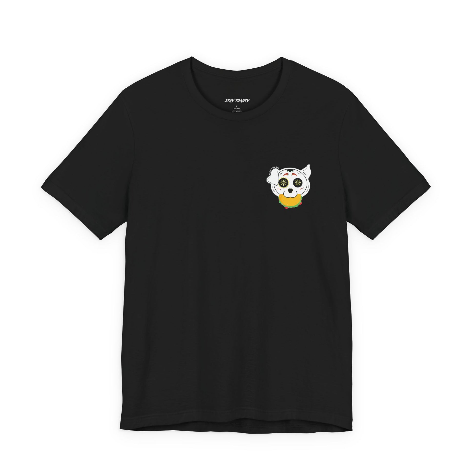 Black graphic tee with front chest design of sugar skull dog holding a taco. Front view.