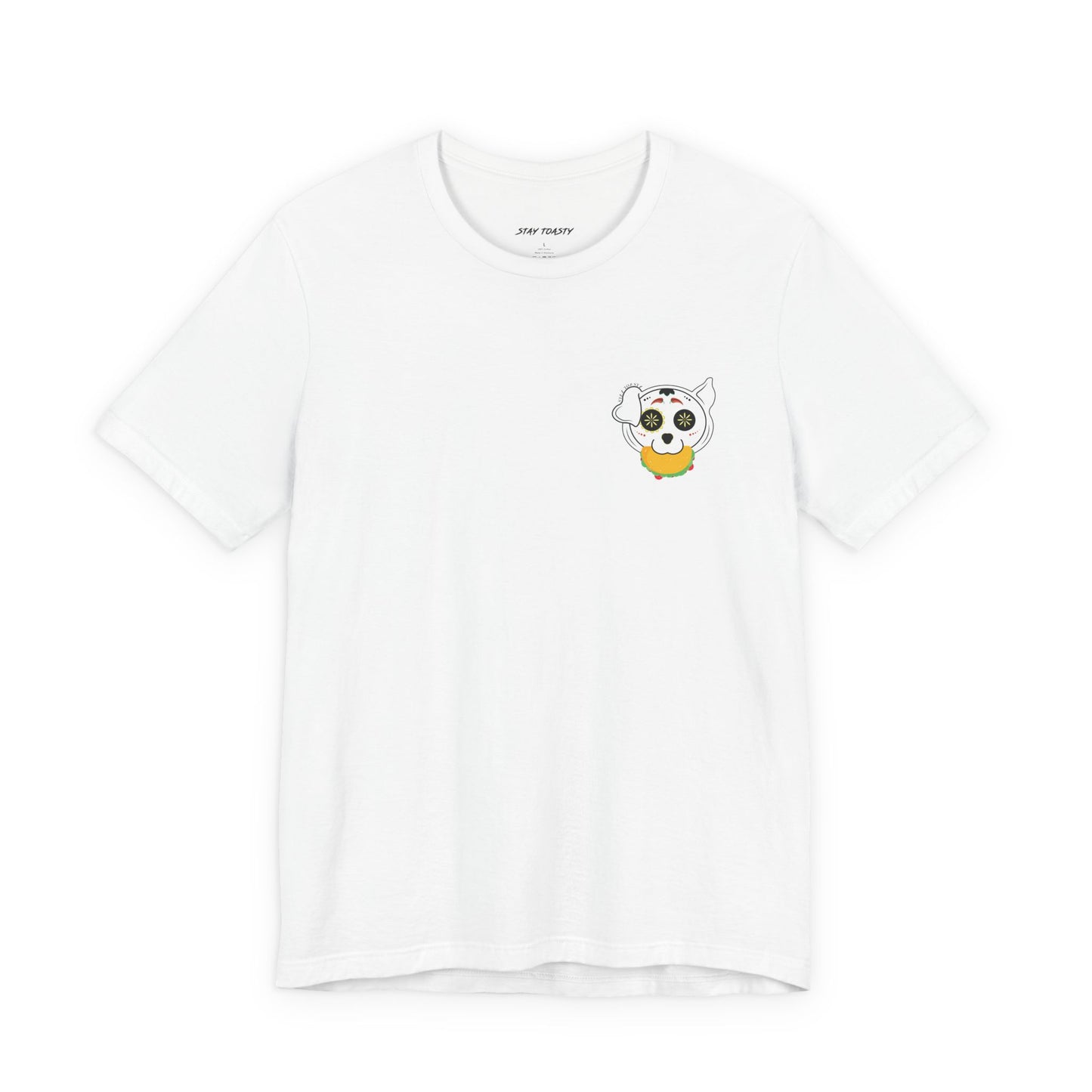 White graphic tee with front chest design of sugar skull dog holding a taco. Front view.