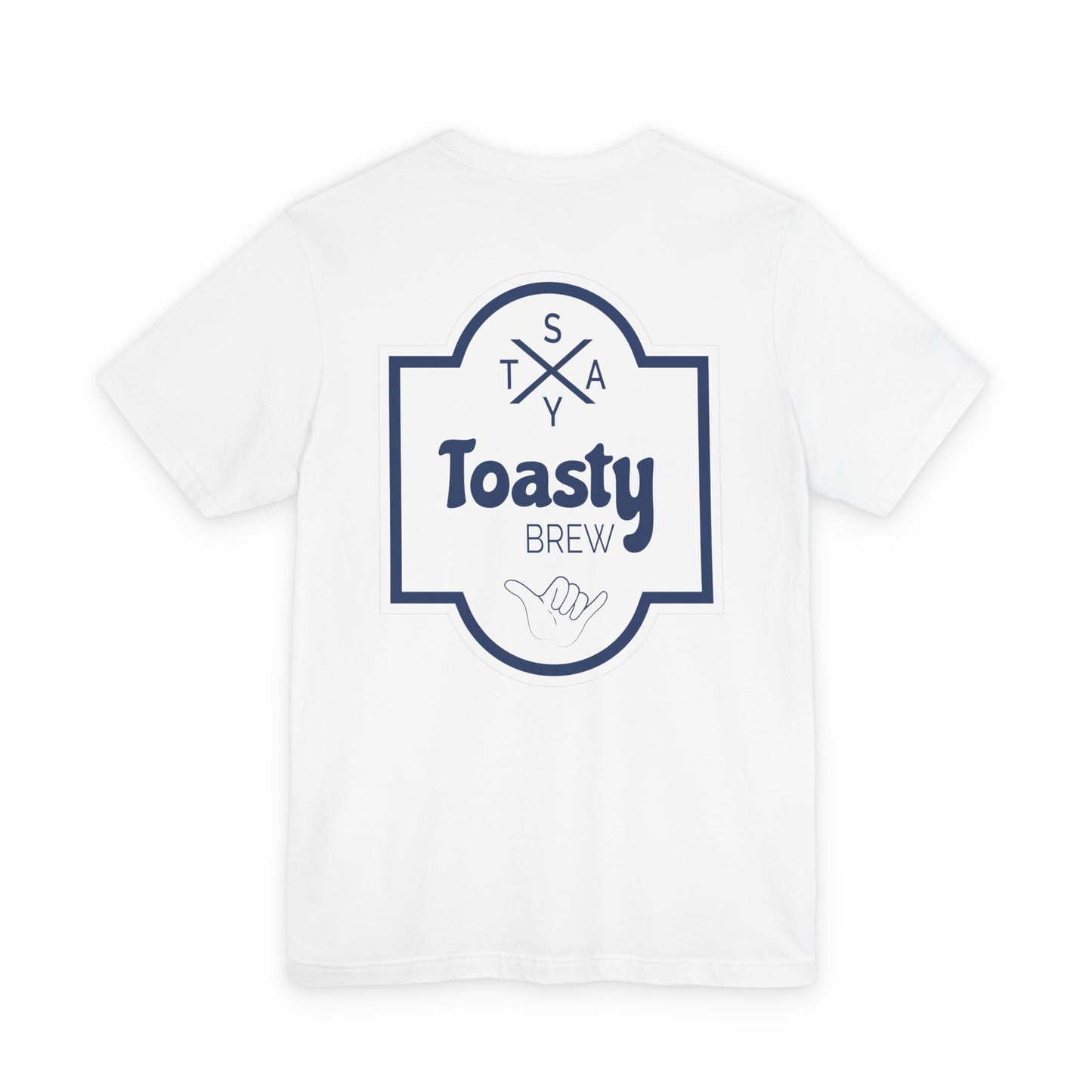 White graphic tee shown from the back. Simple graphic of a beer label that reads "Stay Toasty Brew" with a shaka hand.