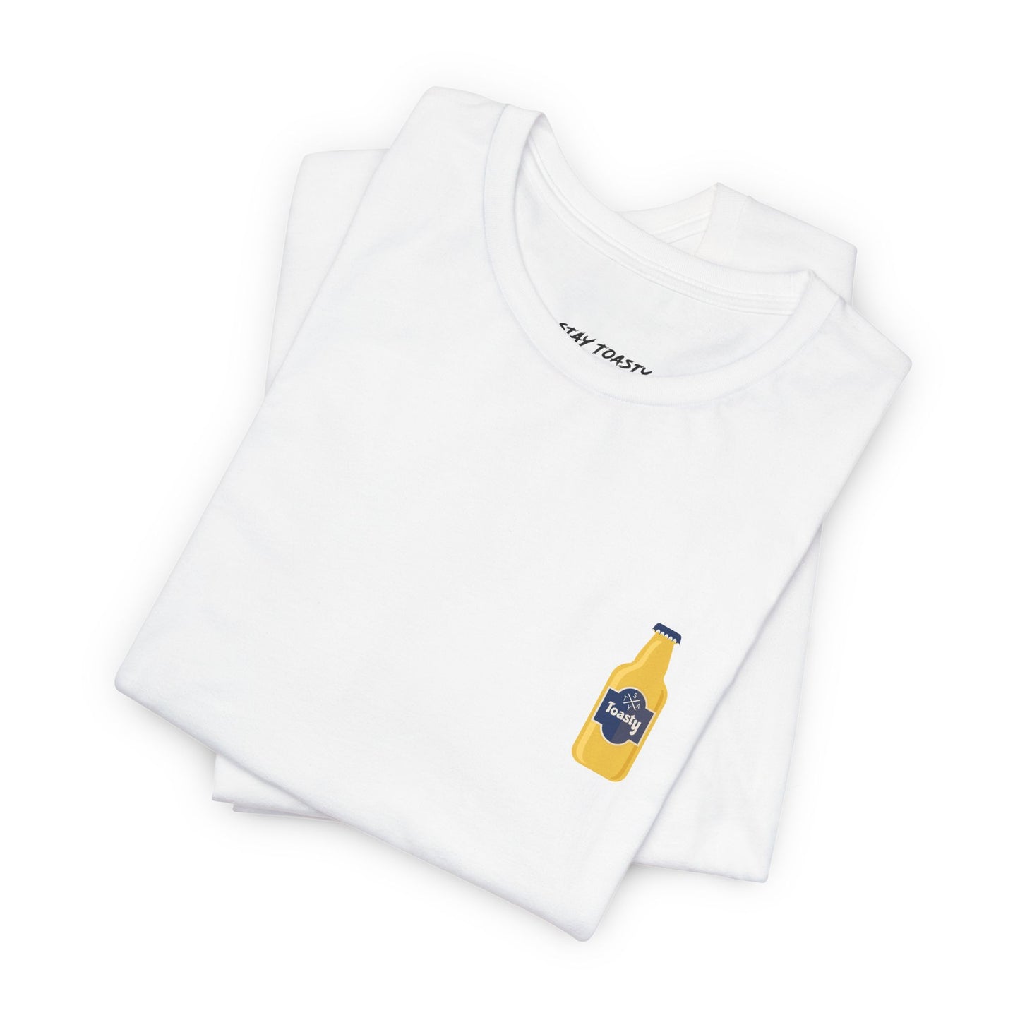 Folded white graphic tee with a front chest graphic of a beer bottle that says "Stay Toasty"