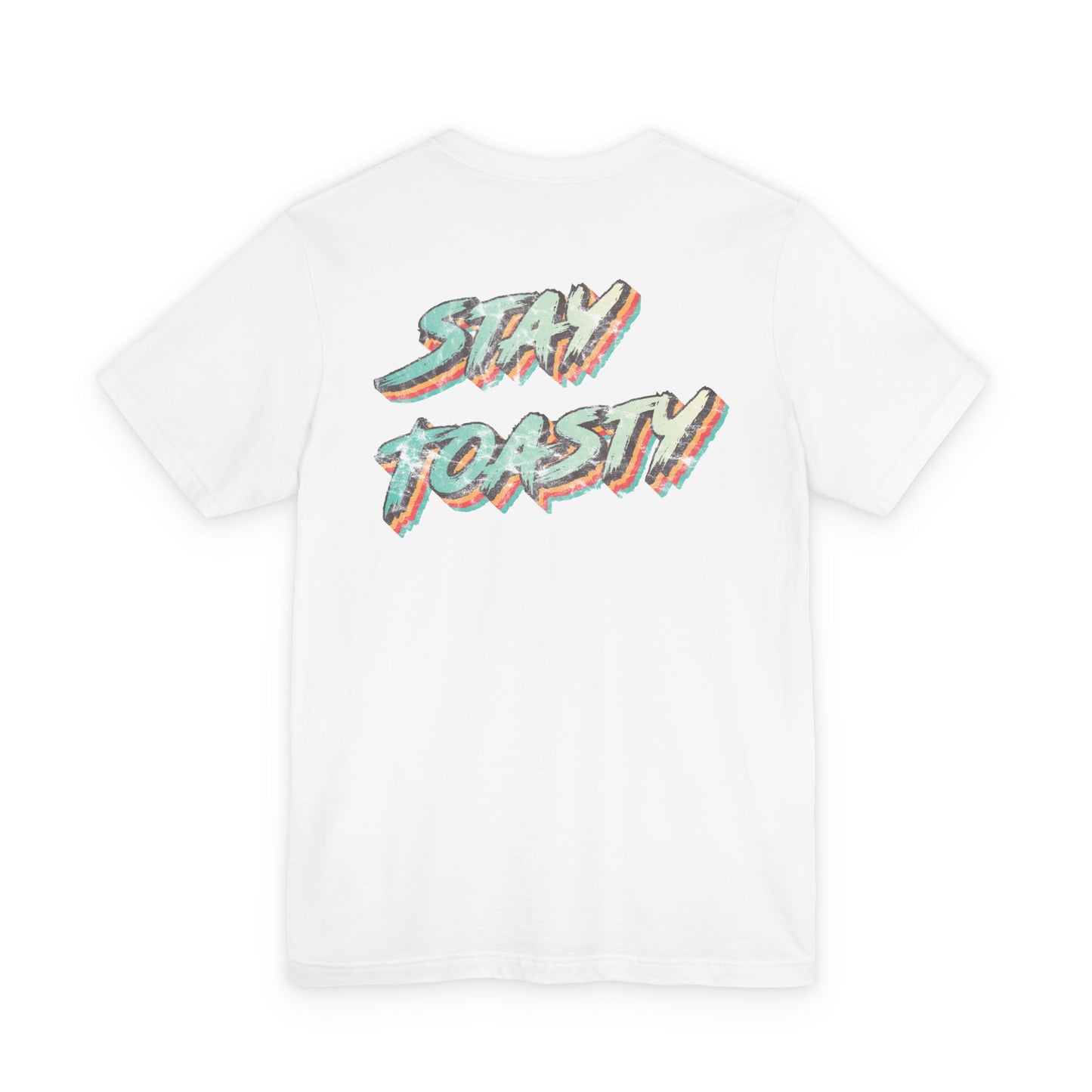 White graphic tee with vintage/retro text 'STAY TOASTY" back view.