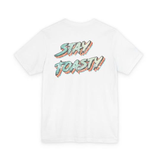 White graphic tee with vintage/retro text 'STAY TOASTY" back view.