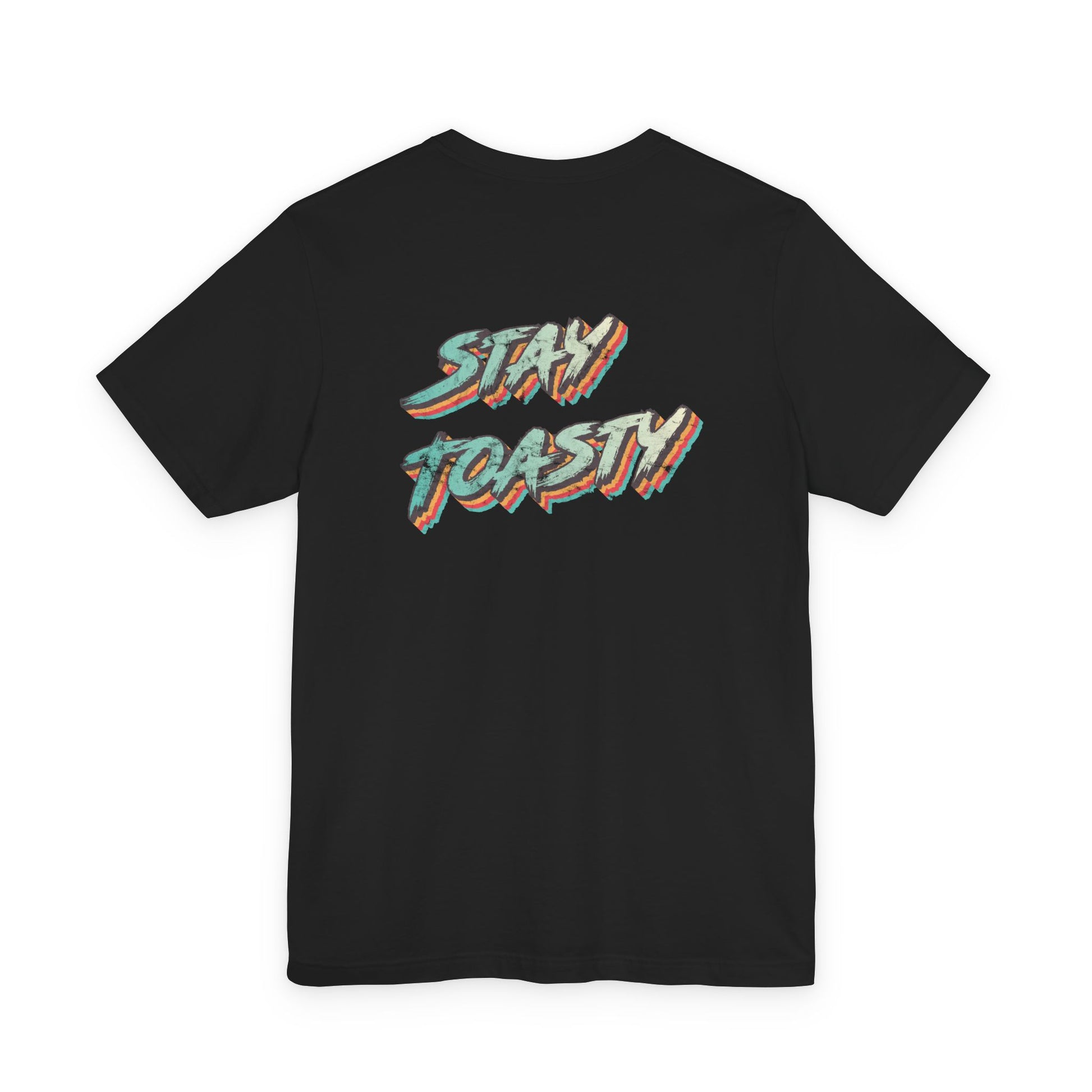 Black graphic tee with vintage style text reading "Stay Toasty". Back view.