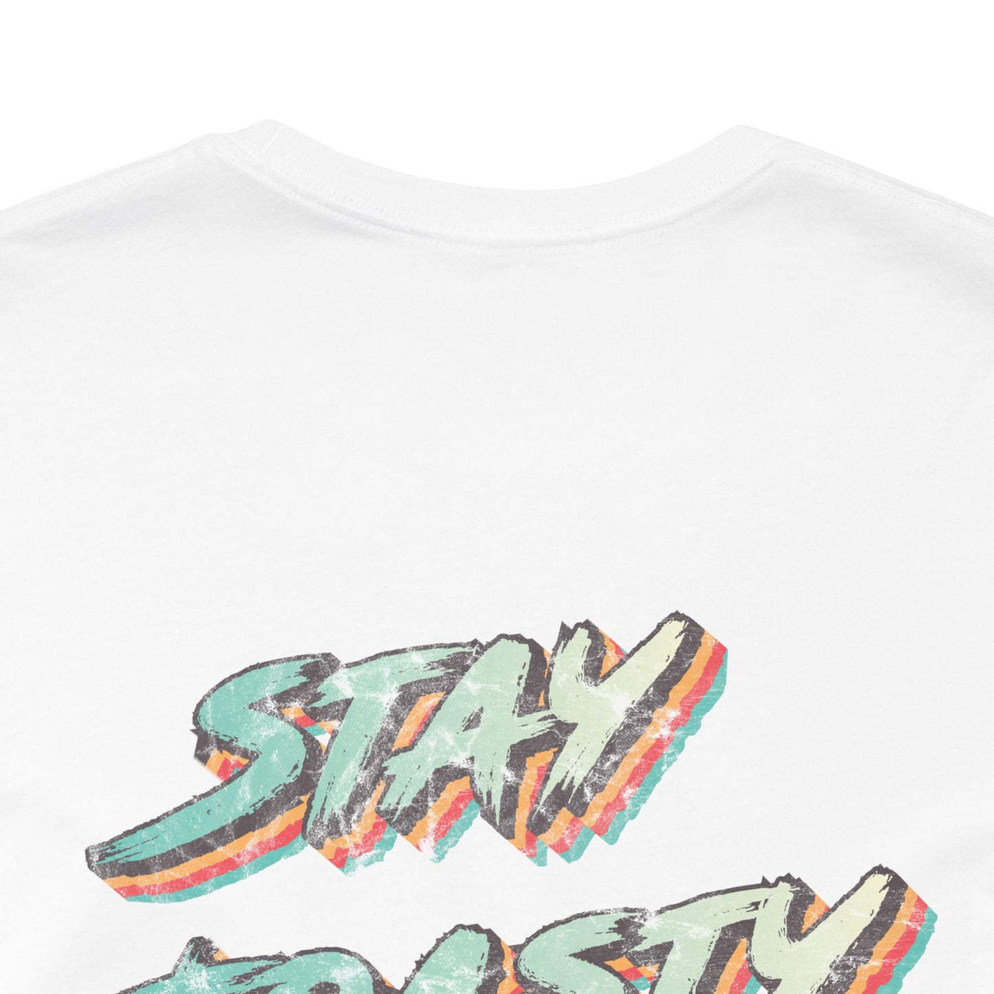 White graphic tee with vintage style text reading "Stay Toasty". Back close-up view.