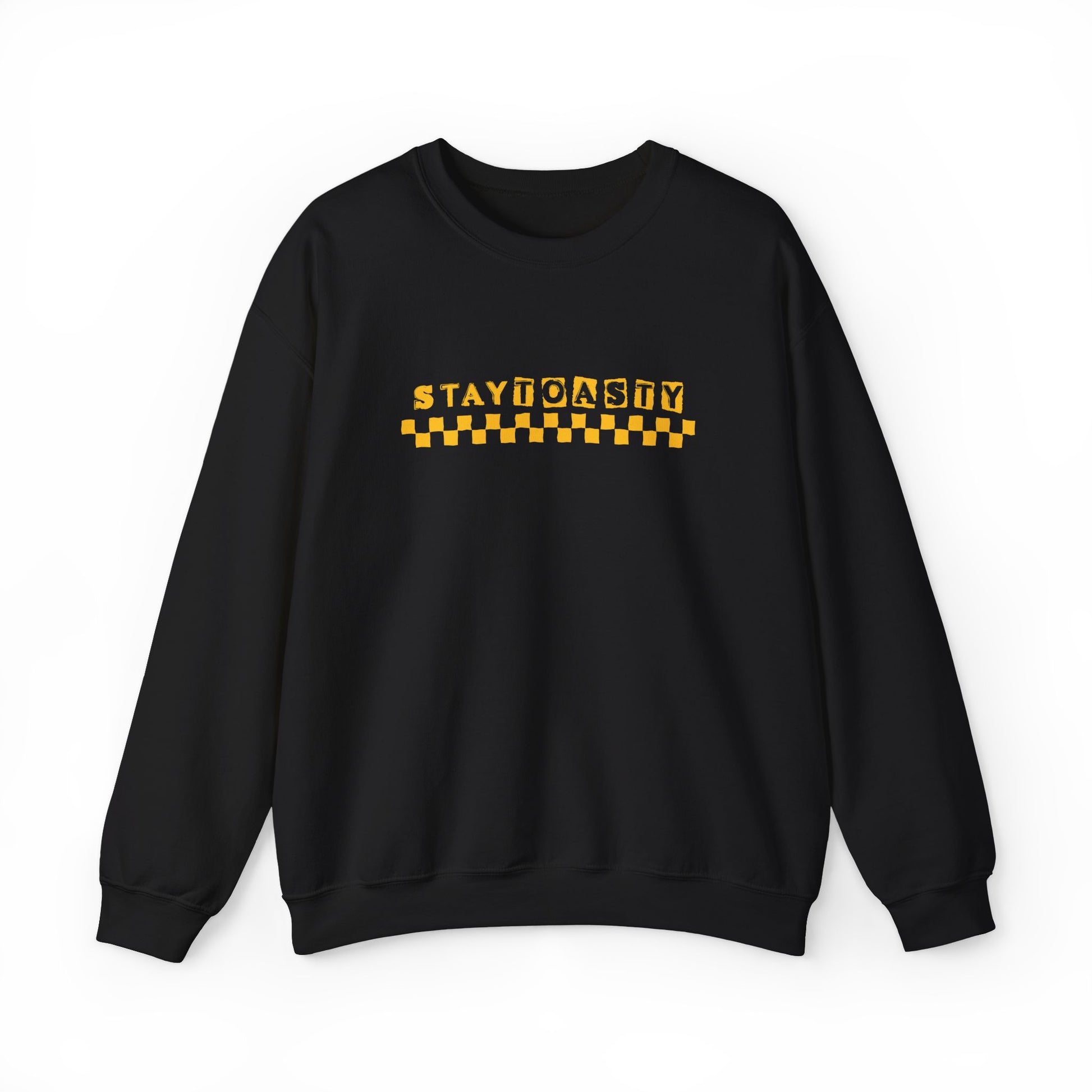 Black crewneck sweatshirt yellow graphic of checkers "Stay Toasty" in a skate/punk font